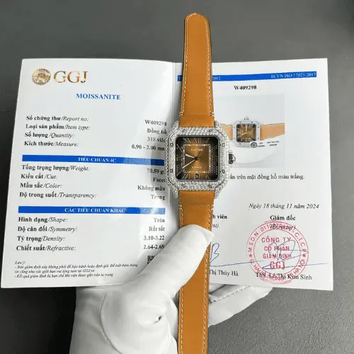 Cartier Santos Dial Brown Replica Watches Custom Diamonds Moissanite BV Factory 39.8mm