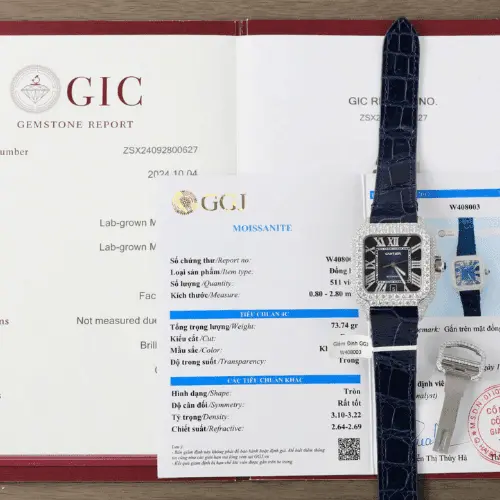 Cartier Santos Best Copies Watch Dial Blue Custom Diamonds Moissanite Hong Kong 39.8mm
