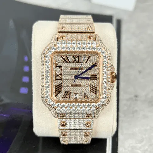Cartier Santos Mens Full Diamond Replica Watch Highest Quality 39.8mm