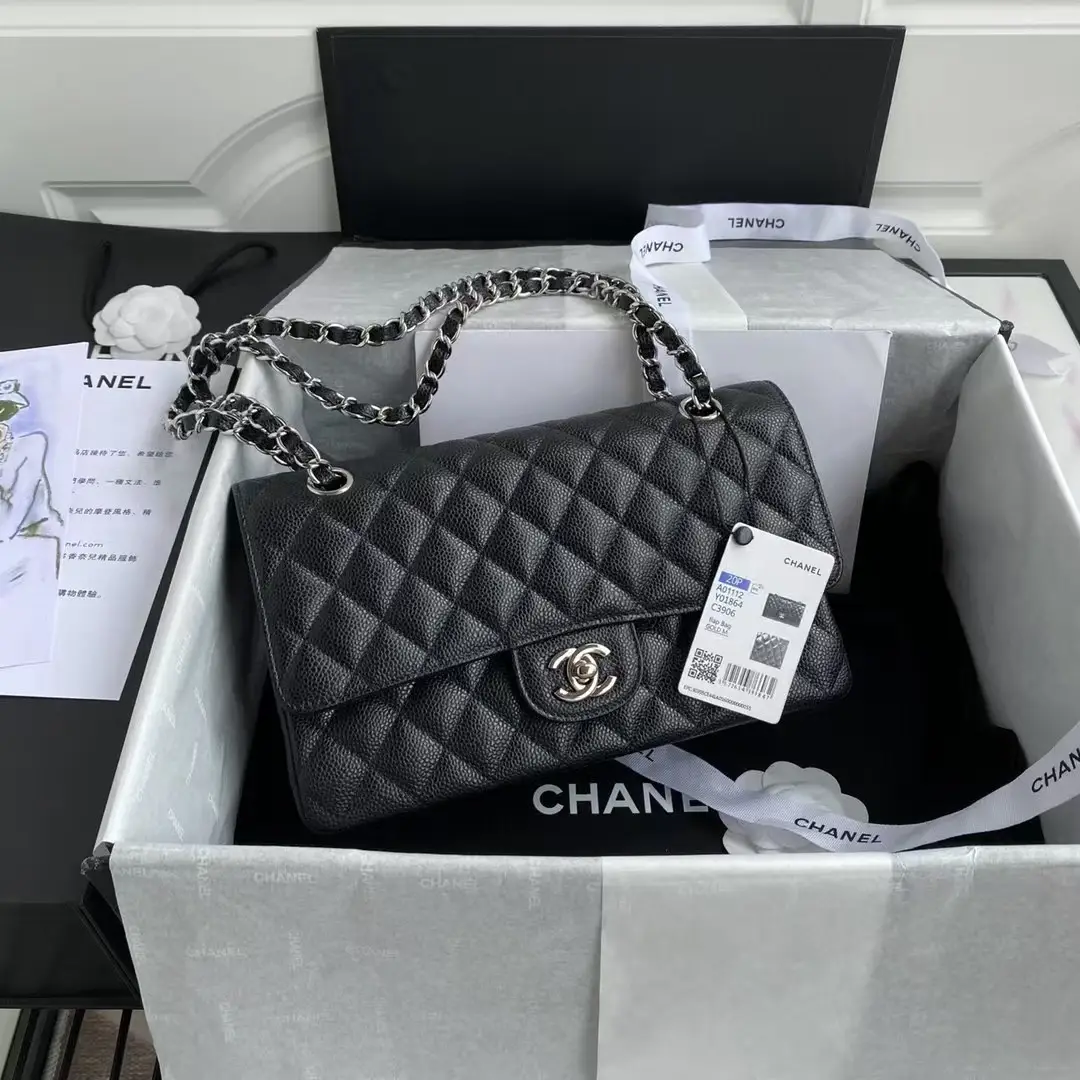 Chanel Classic Handbag Black With Silver Lock 25cm