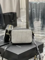 SAINT LAURENT Lou Medium Ysl Striped Canvas Camera Crossbody Bag In Grey Cream - Image 6