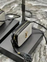 SAINT LAURENT Lou Medium Ysl Striped Canvas Camera Crossbody Bag In Grey Cream - Image 3