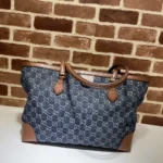 Gucci Medium Tote GG Denim Bag Brown Navy blue Leather - Image 3