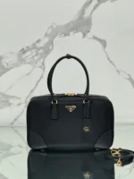 PRADA LARGE TOP HANDLE BAG 35 IN BLACK NYLON AND CALFSKIN TRIM