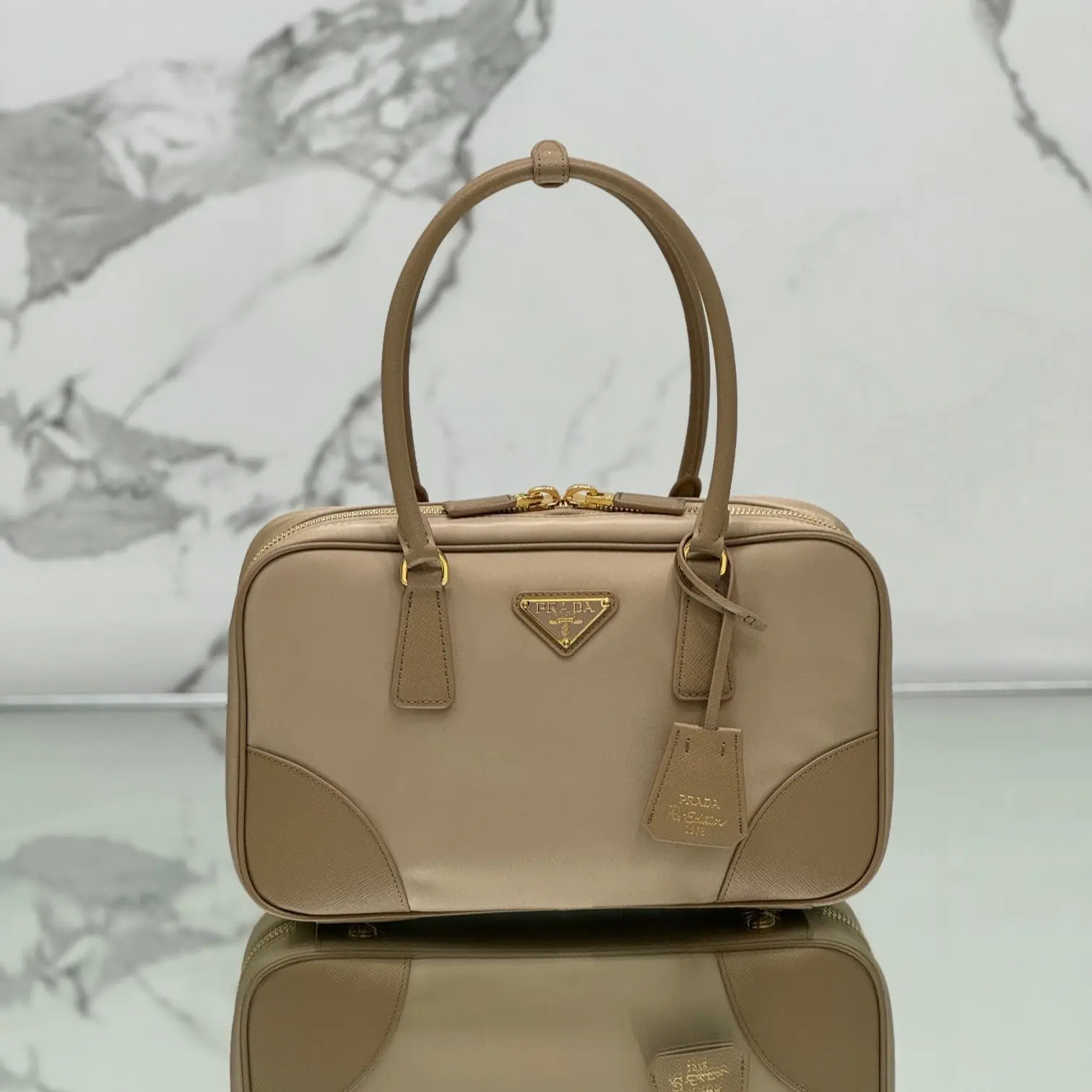 PRADA MEDIUM TOP HANDLE BAG 30 IN DRIED MOSS NYLON AND CALFSKIN TRIM