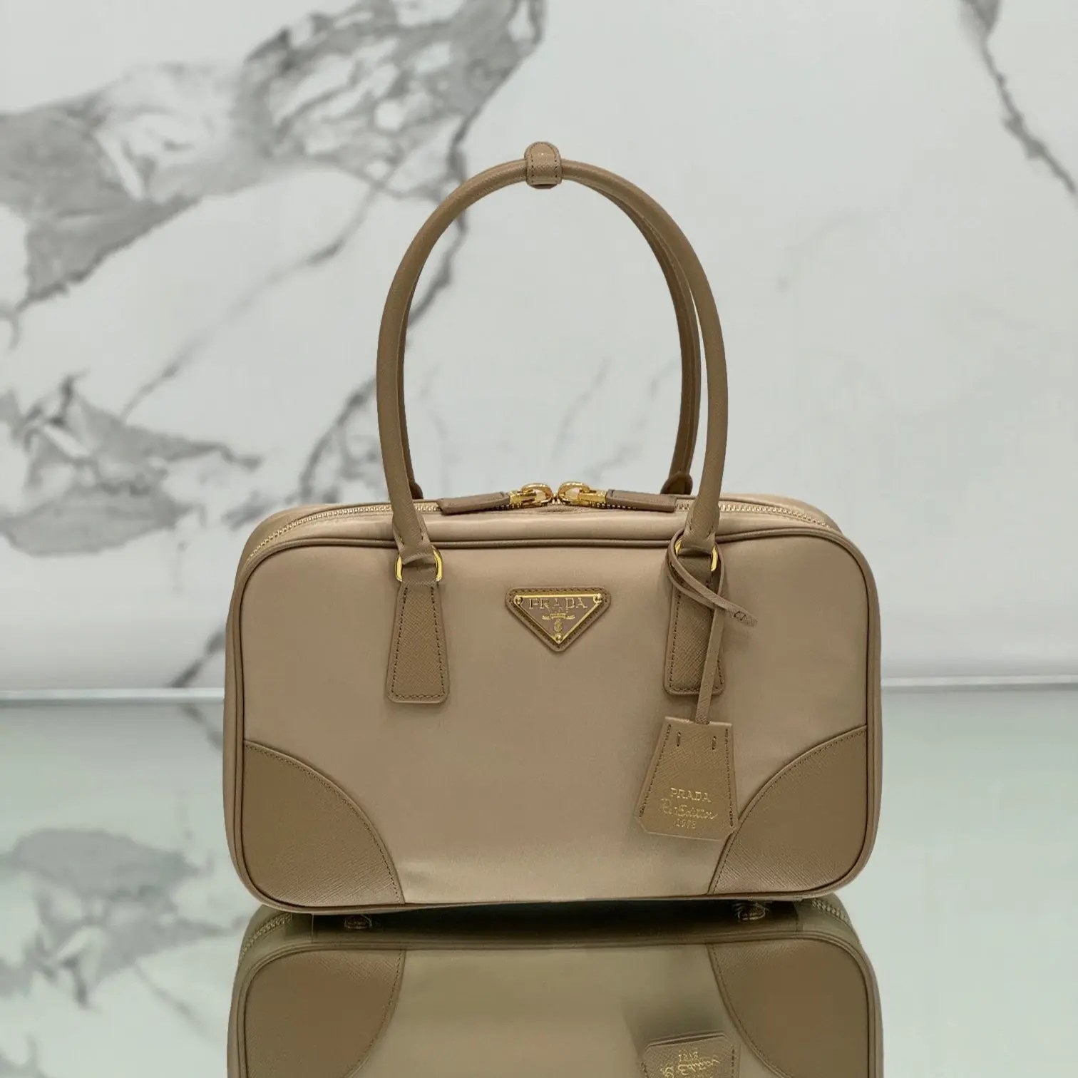 PRADA LARGE TOP HANDLE BAG 35 IN DRIED MOSS NYLON AND CALFSKIN TRIM