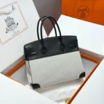 HERMES QUADRILLE BIRKIN 30 IN BLACK SWIFT WHITE TOILE CANVAS - Image 2