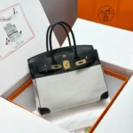 HERMES QUADRILLE BIRKIN 30 IN BLACK SWIFT WHITE TOILE CANVAS