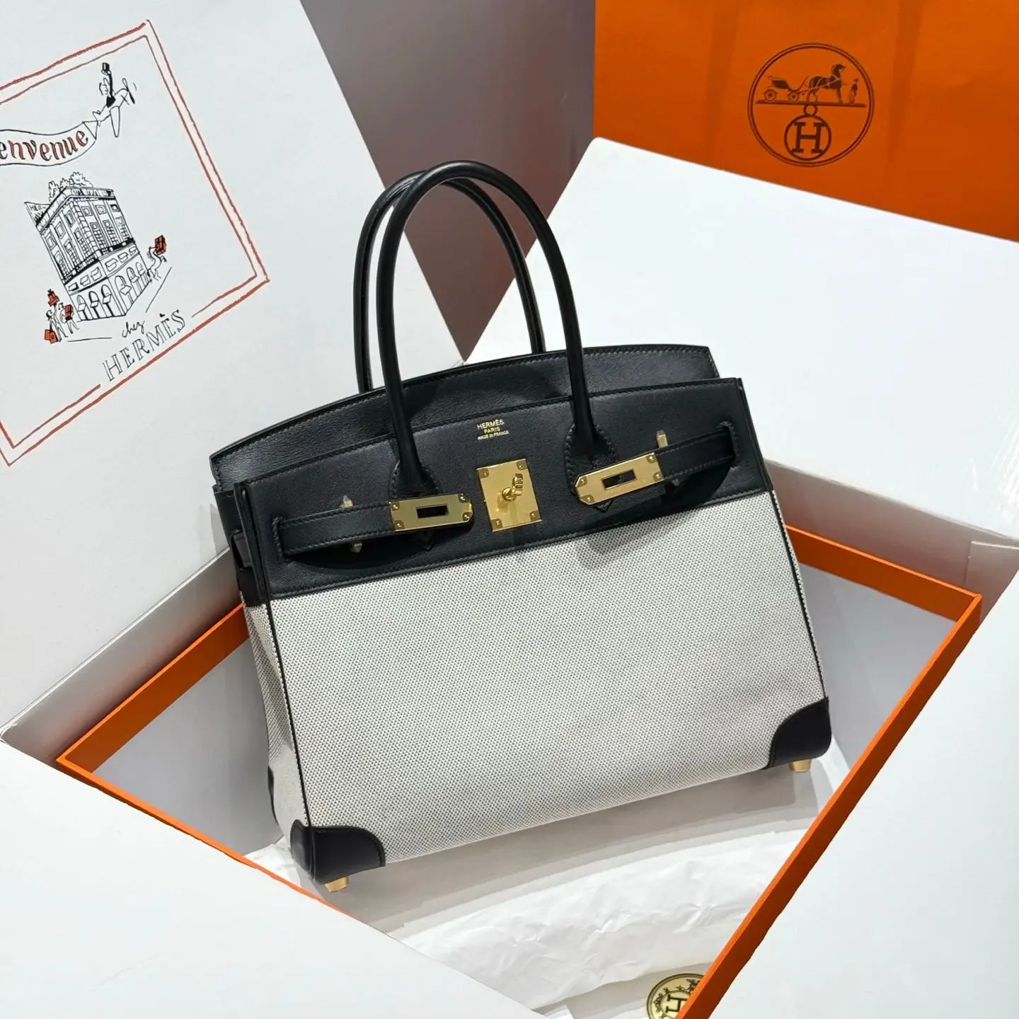 HERMES QUADRILLE BIRKIN 30 IN BLACK SWIFT WHITE TOILE CANVAS