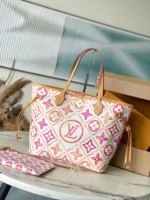 LV NEVERFULL MM 31 IN CORAL MONOGRAM TILES CANVAS