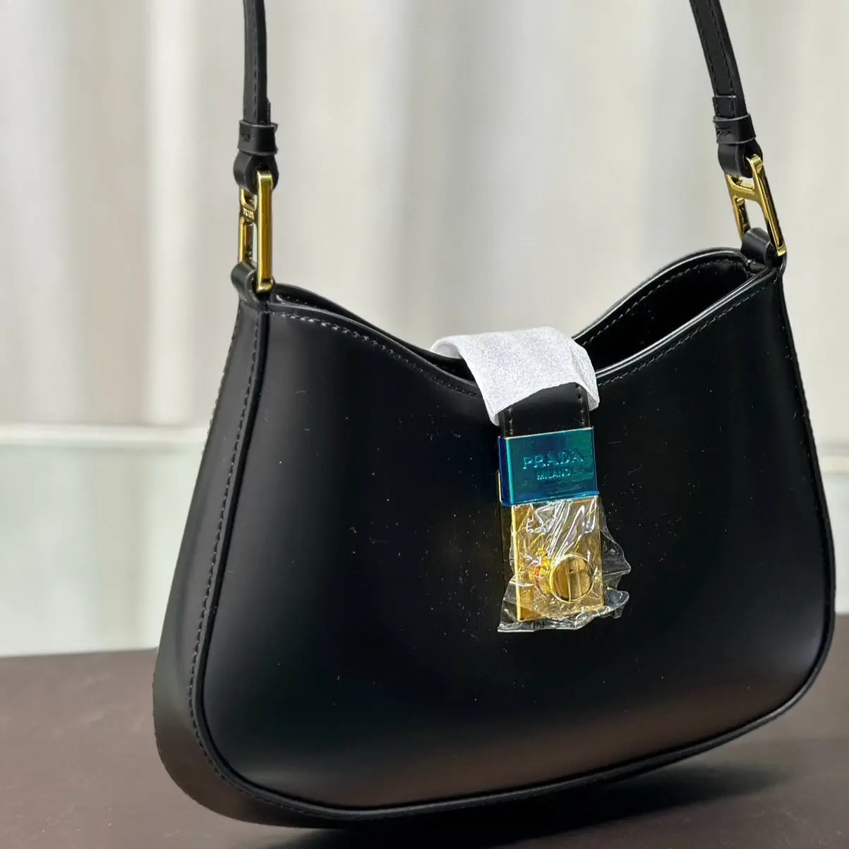 PRADA CLEO SHOULDER BAG 26 IN BLACK BRUSHED LAMBSKIN GOLD HARDWARE