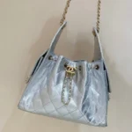 CHANEL 25 HANDBAG IN SILVER-TONE 30 GRAINED CALFSKIN GOLD HARDWARE - Image 4